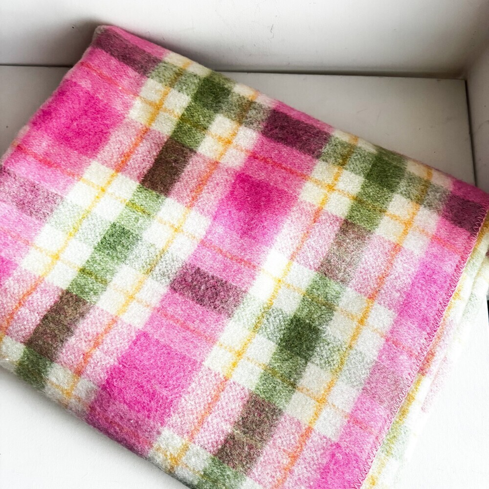 Ayers Vintage Pink Green Plaid Wool Blend Blanket
